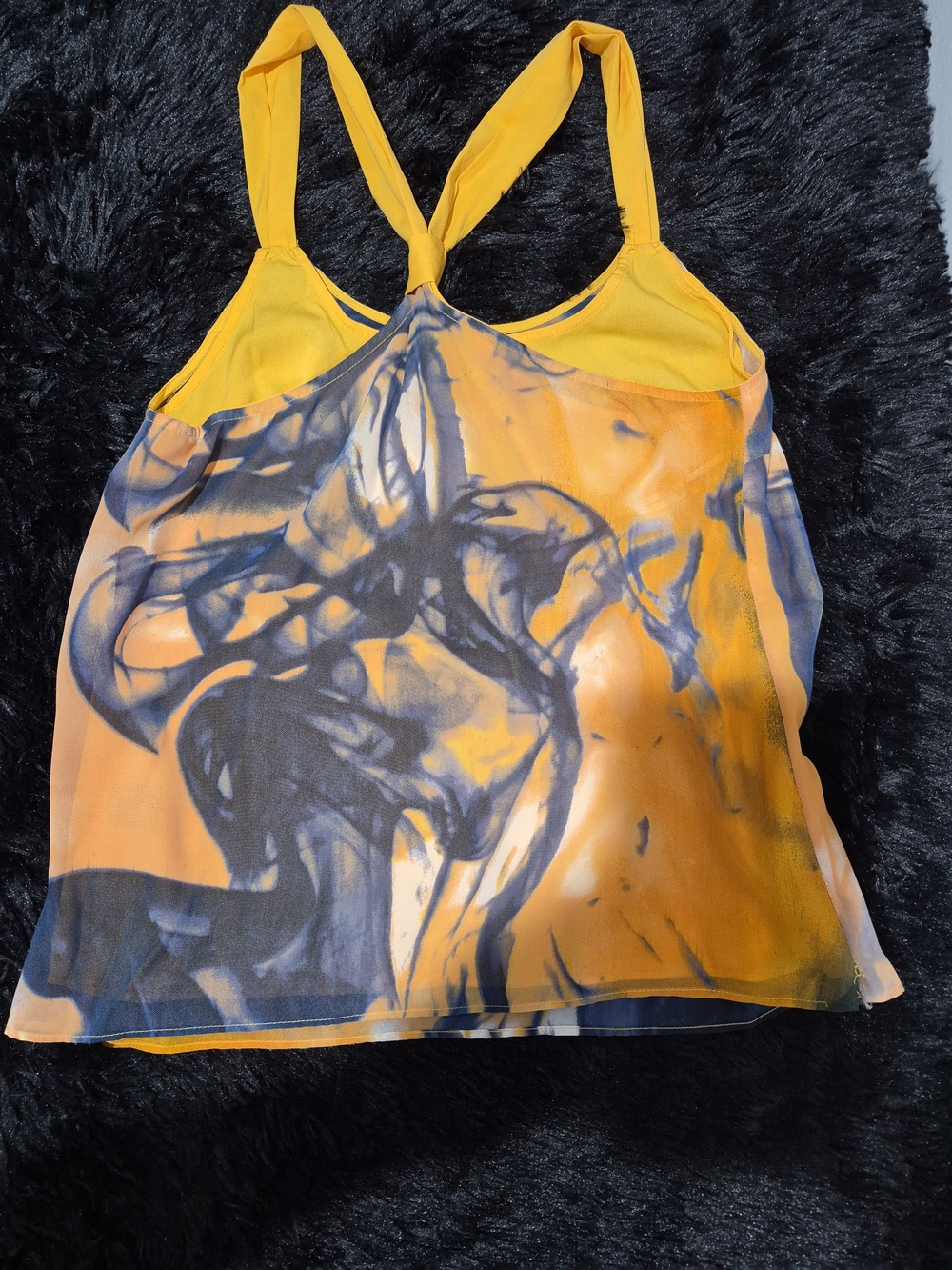 Walter Baker Yellow and Navy Abstract Tie-Dye Racerback Camisole